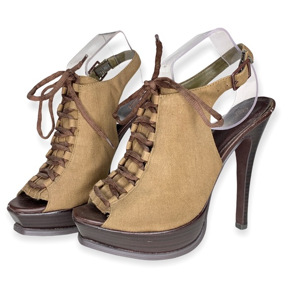 8 olive drab vegan high heel sling back platform - Picture 1 of 8